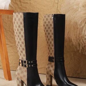Chic Black and Brown Patterned Heeled Boots